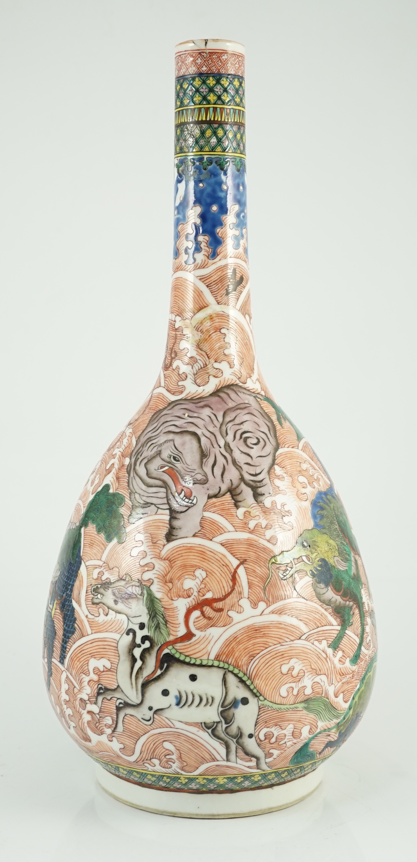 A Chinese famille verte ‘mythical creatures’ bottle vase, 19th century, 46cm high, section of neck broken and reglued